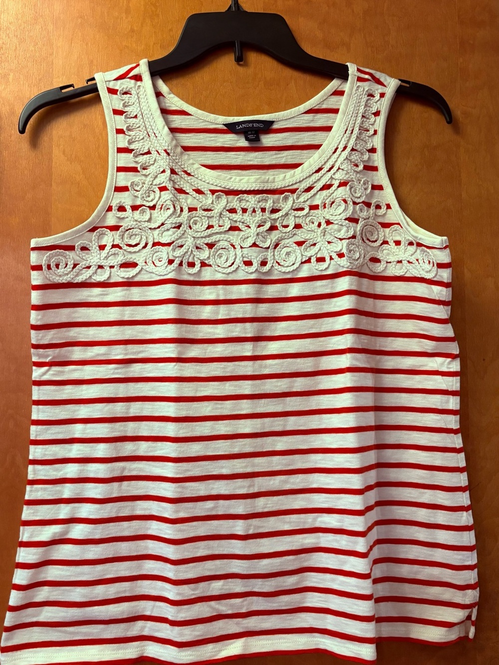Lands' End Red and Cream Crochet Yoke Striped Tank